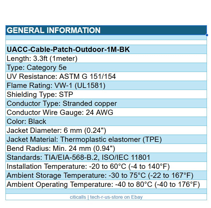 Ubiquiti Networks UACC-CABLE-PATCH-OUTDOOR-1M-BK UISP Patch Cable Outdoor Cat 5e
