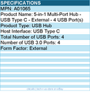 Codi A01065 5-in-1 Multi-Port Hub - USB Type C - External - 4 USB Port(s)
