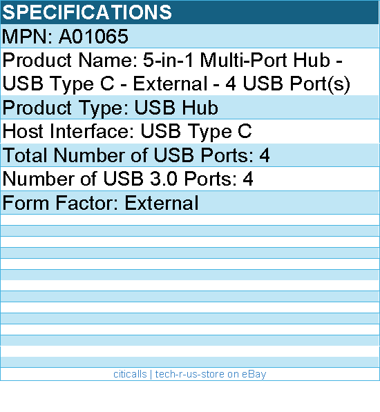 Codi A01065 5-in-1 Multi-Port Hub - USB Type C - External - 4 USB Port(s)
