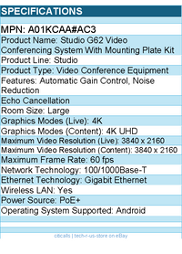 HP A01KCAA#AC3 Poly Studio G62 Video Conferencing System With Mounting Plate Kit