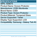 Codi A09075 Screen Protector - Tempered Glass - for Samsung - Galaxy Tab A3