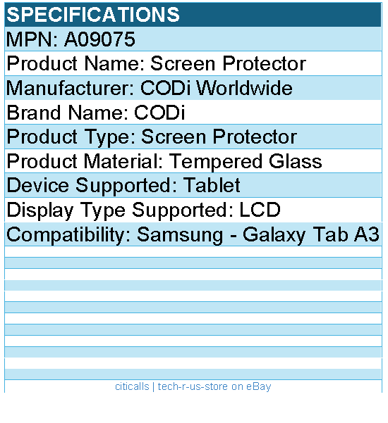 Codi A09075 Screen Protector - Tempered Glass - for Samsung - Galaxy Tab A3