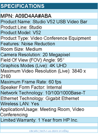 HP Poly A09D4AA#ABA Studio V52 USB Video Bar For Meeting Room,Video Conferencing