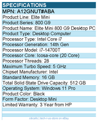 HP A12GNUT#ABA Elite Mini 800 G9 Desktop Computer - Intel Core i7 14th Gen