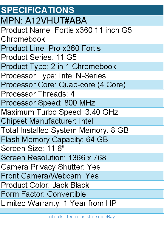 HP A12VHUT#ABA Pro x360 Fortis 11 G5 11.6" Touchscreen Rugged 2 in 1 Chromebook