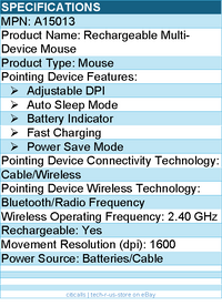 Codi A15013 Rechargeable Multi-Device Mouse - 1600 dpi - Bluetooth/RF