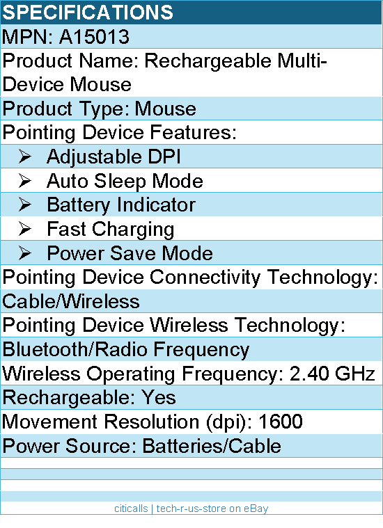 Codi A15013 Rechargeable Multi-Device Mouse - 1600 dpi - Bluetooth/RF