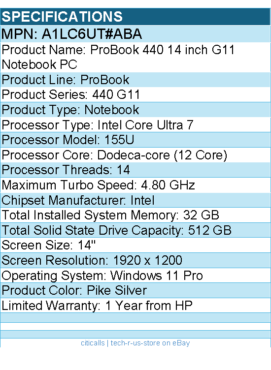 HP A1LC6UT#ABA ProBook 440 G11 14" Notebook - WUXGA - Intel Core Ultra 7