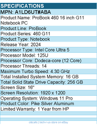 HP A1LD6UT#ABA ProBook 460 G11 16" Touchscreen Notebook - Intel Core Ultra 5