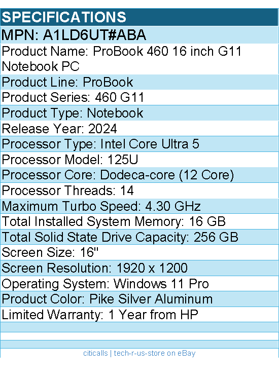 HP A1LD6UT#ABA ProBook 460 G11 16" Touchscreen Notebook - Intel Core Ultra 5
