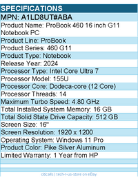 HP A1LD8UT#ABA ProBook 460 G11 16" Touchscreen Notebook - Intel Core Ultra 7