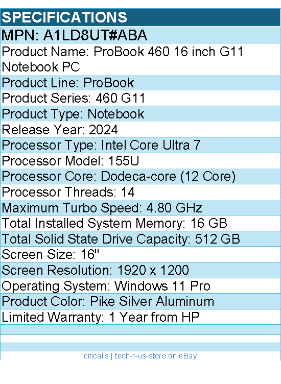 HP A1LD8UT#ABA ProBook 460 G11 16" Touchscreen Notebook - Intel Core Ultra 7