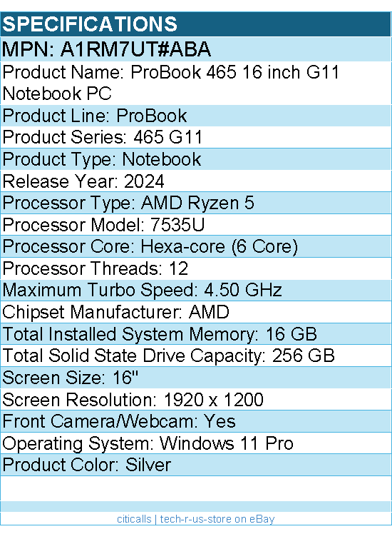 HP A1RM7UT#ABA ProBook 465 G11 16" Notebook - AMD Ryzen 5 7535U
