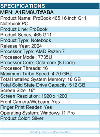 HP A1RM8UT#ABA ProBook 465 G11 16" Notebook - AMD Ryzen 7 7735U