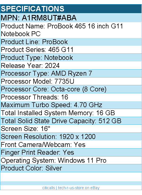 HP A1RM8UT#ABA ProBook 465 G11 16" Notebook - AMD Ryzen 7 7735U
