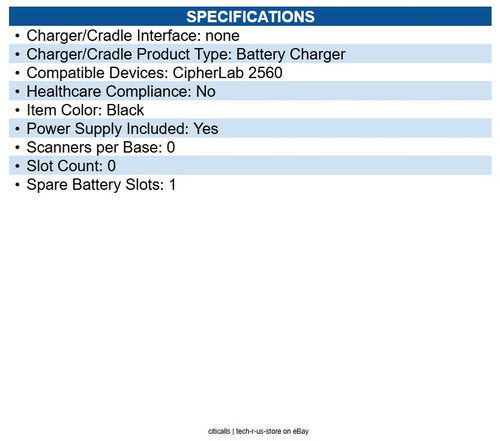 CipherLab A2560ANBAB0S1 2560, Battery Charger, US Adapter (Includes One Battery)
