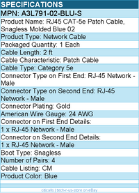 Belkin A3L791-02-BLU-S RJ45 CAT-5e Patch Cable, Snagless Molded Blue