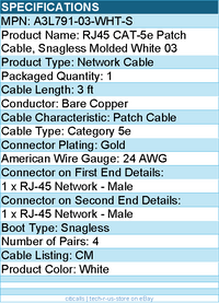 Belkin A3L791-03-WHT-S Cat5e Patch Cable - RJ-45 Male - 3ft - White
