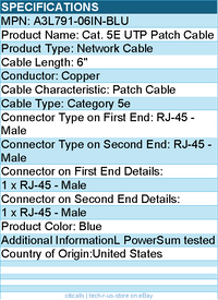 Belkin A3L791-06IN-BLU 6in Cat5e Networking Cable - Ethernet Patch Cable