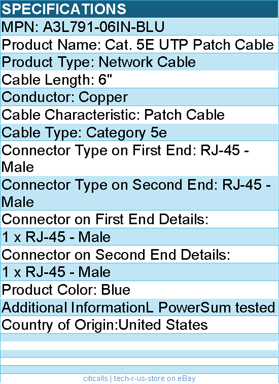 Belkin A3L791-06IN-BLU 6in Cat5e Networking Cable - Ethernet Patch Cable