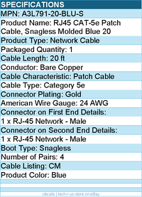 Belkin A3L791-20-BLU-S Cat5e Snagless Patch Cable, 20ft - Molded - Blue