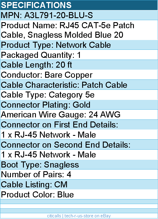 Belkin A3L791-20-BLU-S Cat5e Snagless Patch Cable, 20ft - Molded - Blue