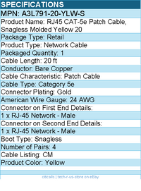 Belkin A3L791-20-YLW-S Cat5e Patch Cable - RJ-45 Male Network - 20ft - Yellow