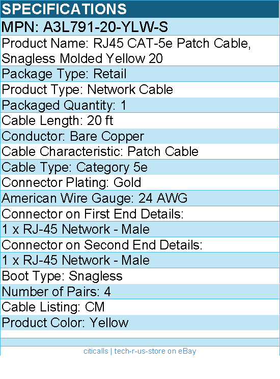 Belkin A3L791-20-YLW-S Cat5e Patch Cable - RJ-45 Male Network - 20ft - Yellow