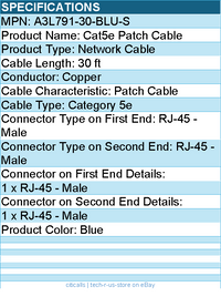 Belkin A3L791-30-BLU-S Cat5e Patch Cable - RJ-45 - Male - 30 ft - Blue