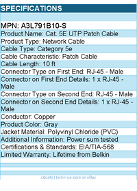 Belkin A3L791b10-S Cat. 5E UTP Patch Cable - RJ-45 Male - 10ft - Gray