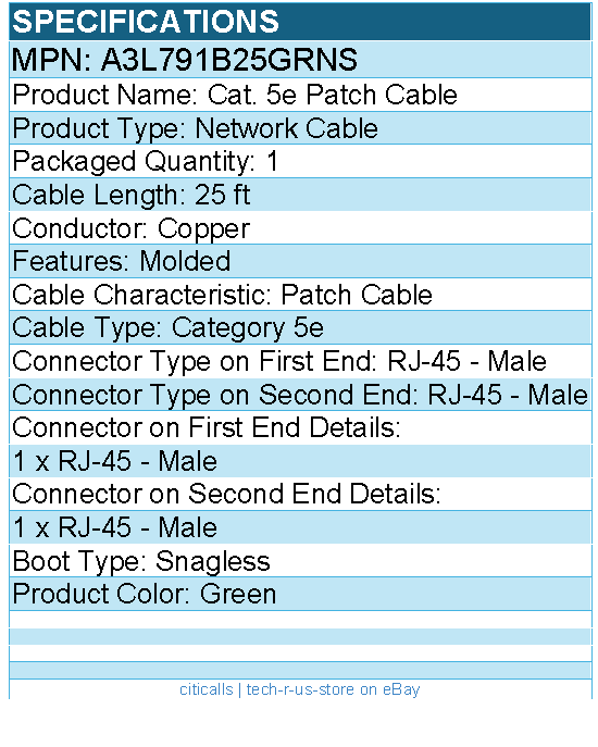 Belkin A3L791B25-GRN-S Cat. 5e Patch Cable - RJ-45 Male - 25ft - Green