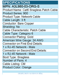 Belkin A3L980-03-ORG-S 900 Series Cat. 6 UTP Patch Cable - RJ-45 Male - 3ft