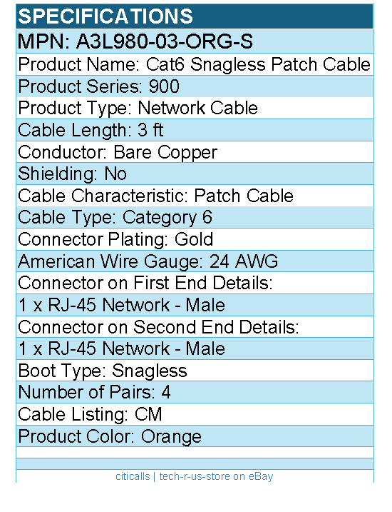Belkin A3L980-03-ORG-S 900 Series Cat. 6 UTP Patch Cable - RJ-45 Male - 3ft