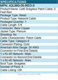 Belkin A3L980-05-RED-S Cat6 Patch Cable - RJ-45 Male Network - 5ft - Red