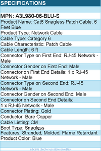 Belkin A3L980-06-BLU-S Cat. 6 UTP Patch Cable - RJ-45 Male - 6ft - Blue
