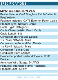Belkin A3L980-06-YLW-S Cat6 Snagless Patch Cable, 6ft - Yellow