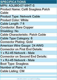 Belkin A3L980-07-WHT-S Cat6 Cable - RJ-45 Male - 7ft - Stranded - White
