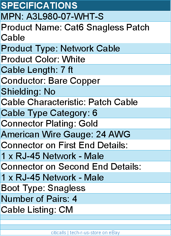 Belkin A3L980-07-WHT-S Cat6 Cable - RJ-45 Male - 7ft - Stranded - White
