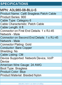 Belkin A3L980-08-BLU-S Cat 6 Patch Cable Blue - RJ-45 Male - 8ft - Stranded