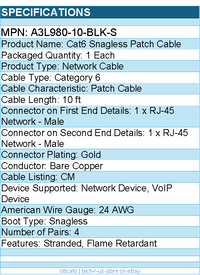 Belkin A3L980-10-BLK-S CAT6 Patch Snagless Black Cable - RJ-45 Male - 10ft