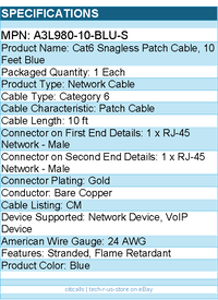 Belkin A3L980-10-BLU-S Cat6 Patch Cable - RJ-45 Male Network - 10ft - Blue