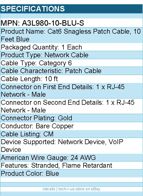 Belkin A3L980-10-BLU-S Cat6 Patch Cable - RJ-45 Male Network - 10ft - Blue