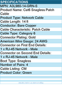 Belkin A3L980-14-GRN-S High Performance Cat6 Cable - RJ-45 Male - 14ft - Green