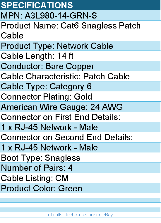 Belkin A3L980-14-GRN-S High Performance Cat6 Cable - RJ-45 Male - 14ft - Green