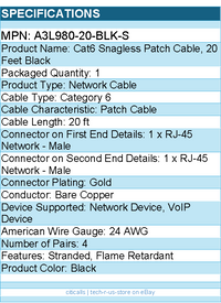 Belkin A3L980-20-BLK-S Cat6 Patch Cable - RJ-45 Male Network - 20ft - Black