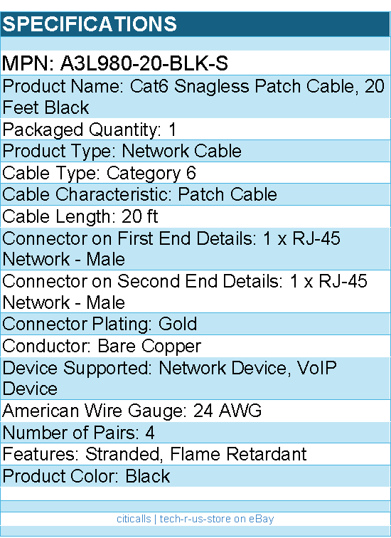 Belkin A3L980-20-BLK-S Cat6 Patch Cable - RJ-45 Male Network - 20ft - Black