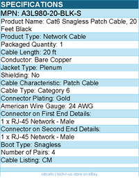 Belkin A3L980-20-BLK-S Cat6 Patch Cable - RJ-45 Male Network - 20ft