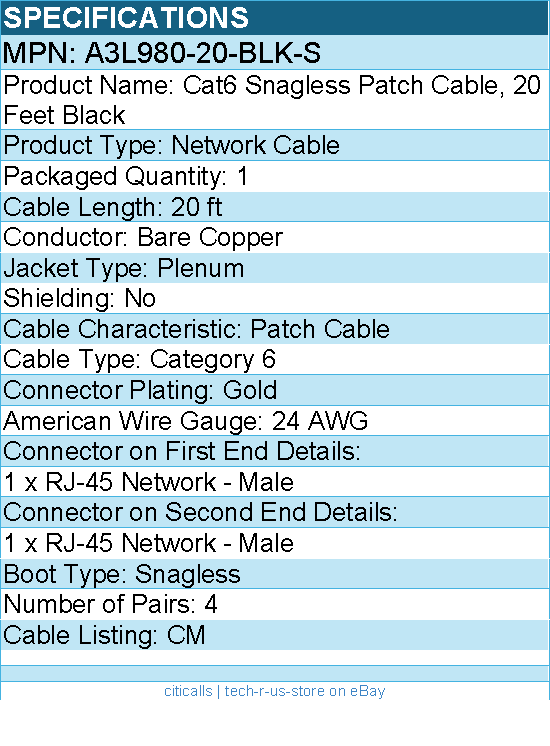 Belkin A3L980-20-BLK-S Cat6 Patch Cable - RJ-45 Male Network - 20ft