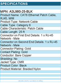 Belkin A3L980-25-BLK CAT6 Ethernet Patch Cable, RJ45, M/M - 25 ft - Molded
