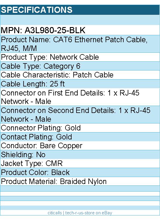Belkin A3L980-25-BLK CAT6 Ethernet Patch Cable, RJ45, M/M - 25 ft - Molded